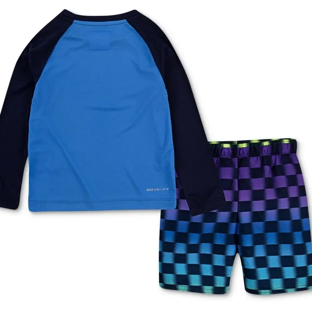 NWT Hurley Boys 2Pc Rash Guard Swim Set Blue Checkerboard UPF 50+ 12M